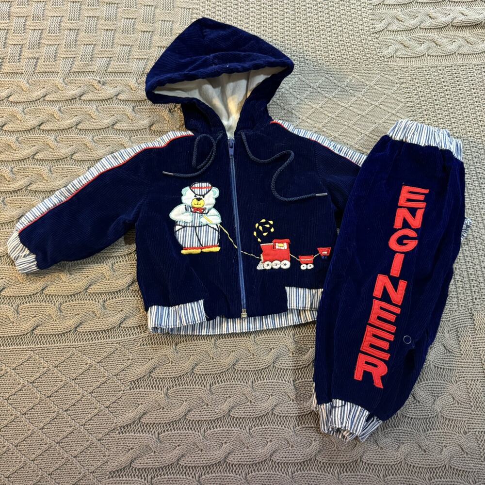 Vintage Blue Corduroy Engineer Bear Outfit ~ 9/12M